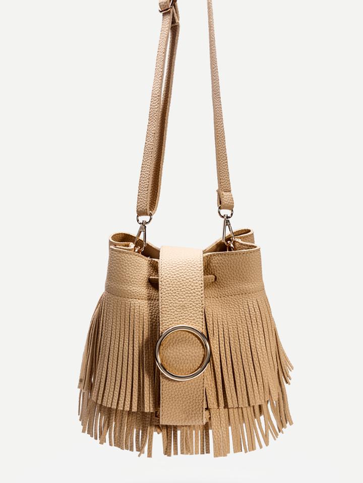 Shein Khaki Pu Fringe Trim Drawstring Bucket Bag