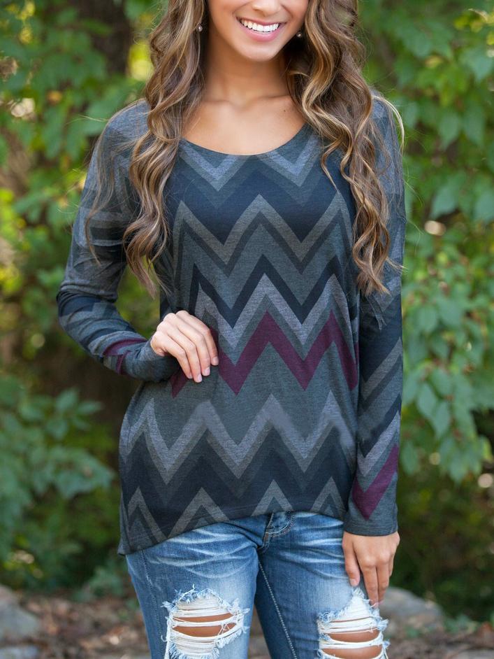 Shein Colour Round Neck Wave Pattern Dip Hem T-shirt