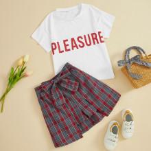 Shein Girls Letter Print Tee & Plaid Shorts Set