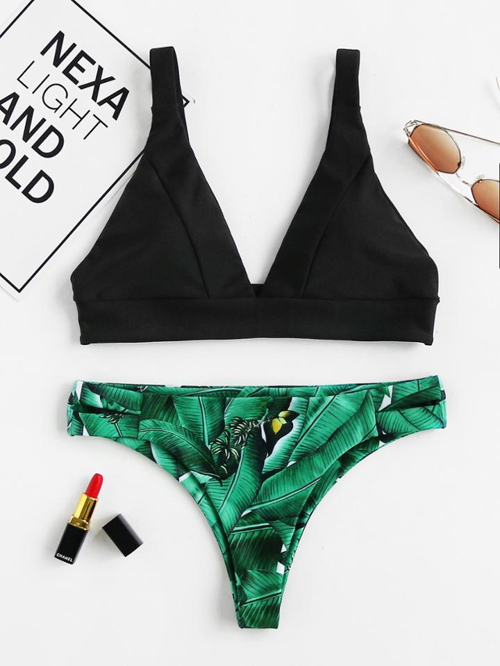 Shein Palm Print High Leg Bikini Set