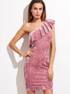 Shein Pink Ruffle One Shoulder Crushed Velvet Dress