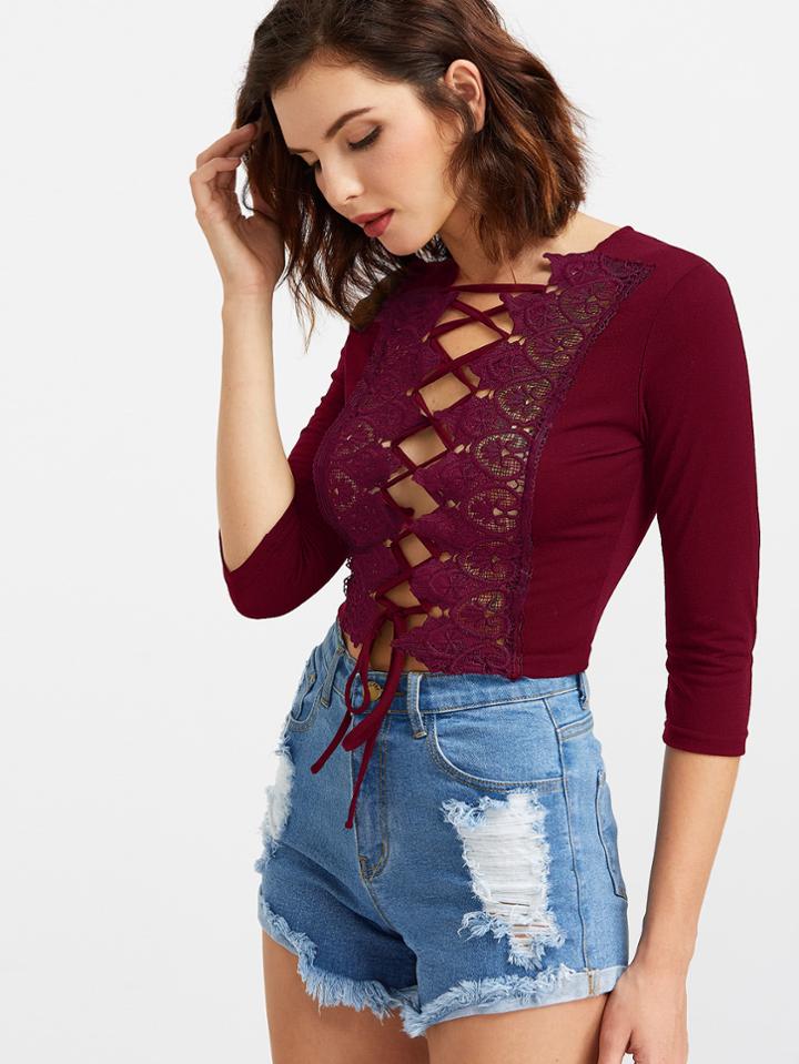 Shein Crochet Panel Lace Up Crop T-shirt