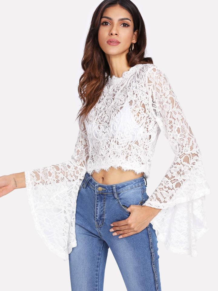 Shein Flounce Sleeve Eyelash Lace Crop Top