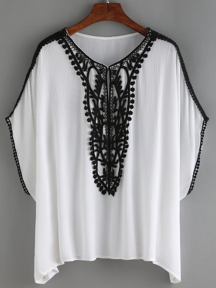 Shein Contrast Crochet Trimmed Bat Sleeve Blouse