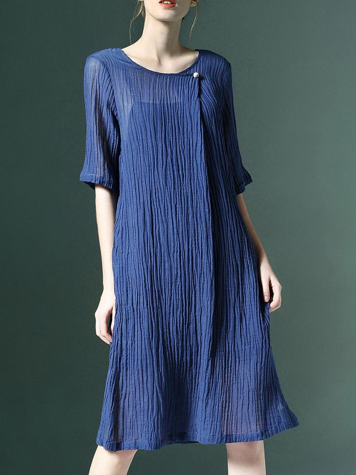 Shein Blue Pleated Pockets Shift Dress