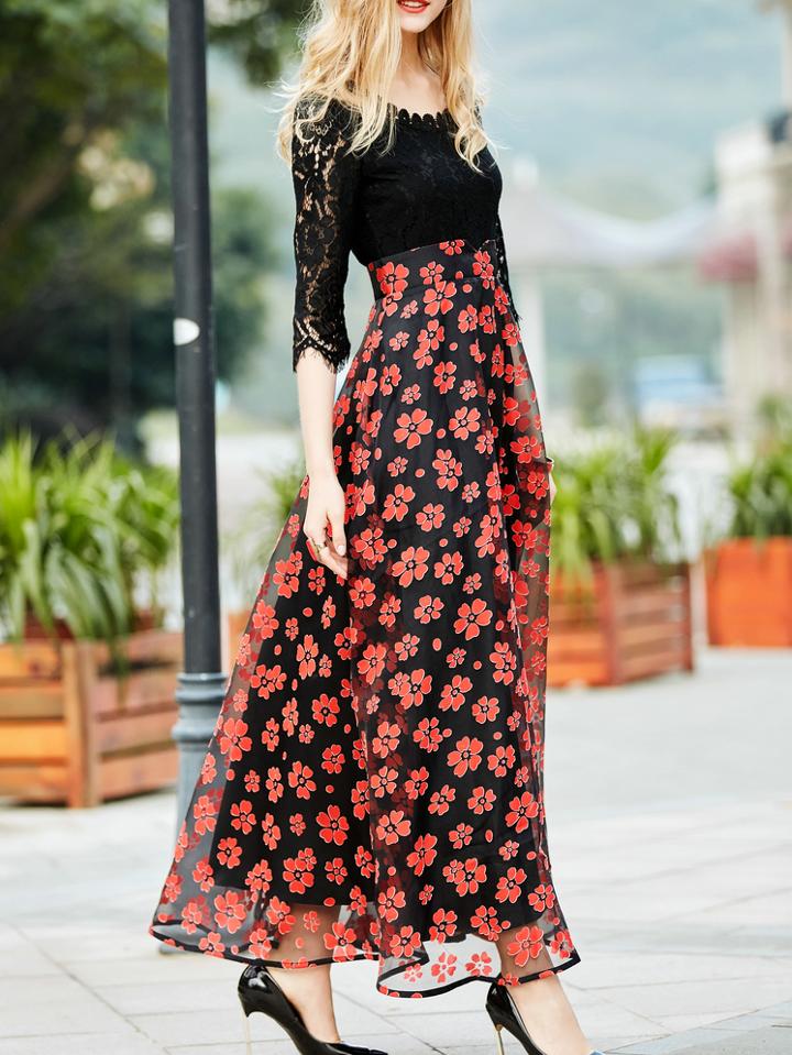 Shein Red Contrast Gazue Print Lace Dress
