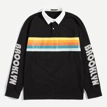 Shein Men Contrast Collar Stripe & Letter Print Polo Shirt