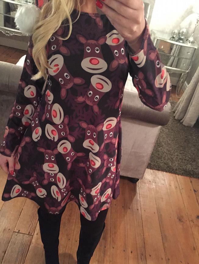 Shein Black Long Sleeve Christmas Deer Print Shift Dress