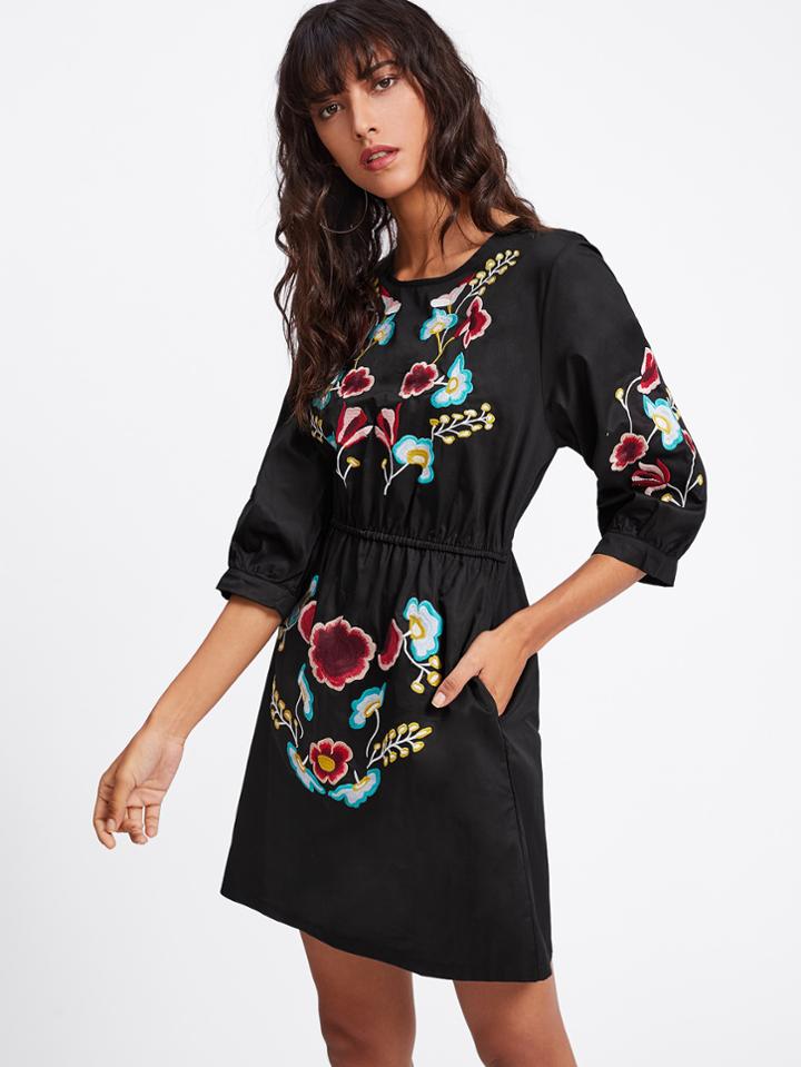 Shein Embroidery Flower Tie Back Dress