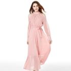 Shein Faux Pearl Beading Open Shoulder Knot Chiffon Dress