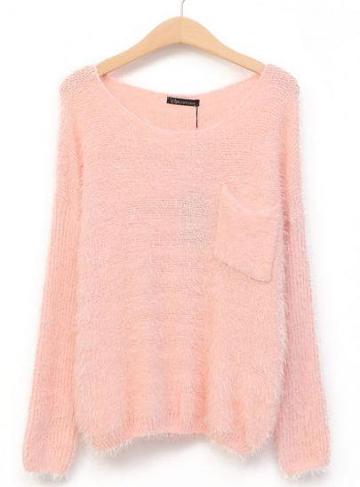Shein Pink Long Sleeve Pocket Knit Slim Sweater