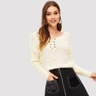 Shein Grommet Lace Up Solid Fuzzy Jumper
