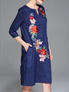 Shein V Neck Flowers Embroidered Pockets Dress