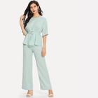 Shein Fold Pleat Belted Top & Pants Co-ord