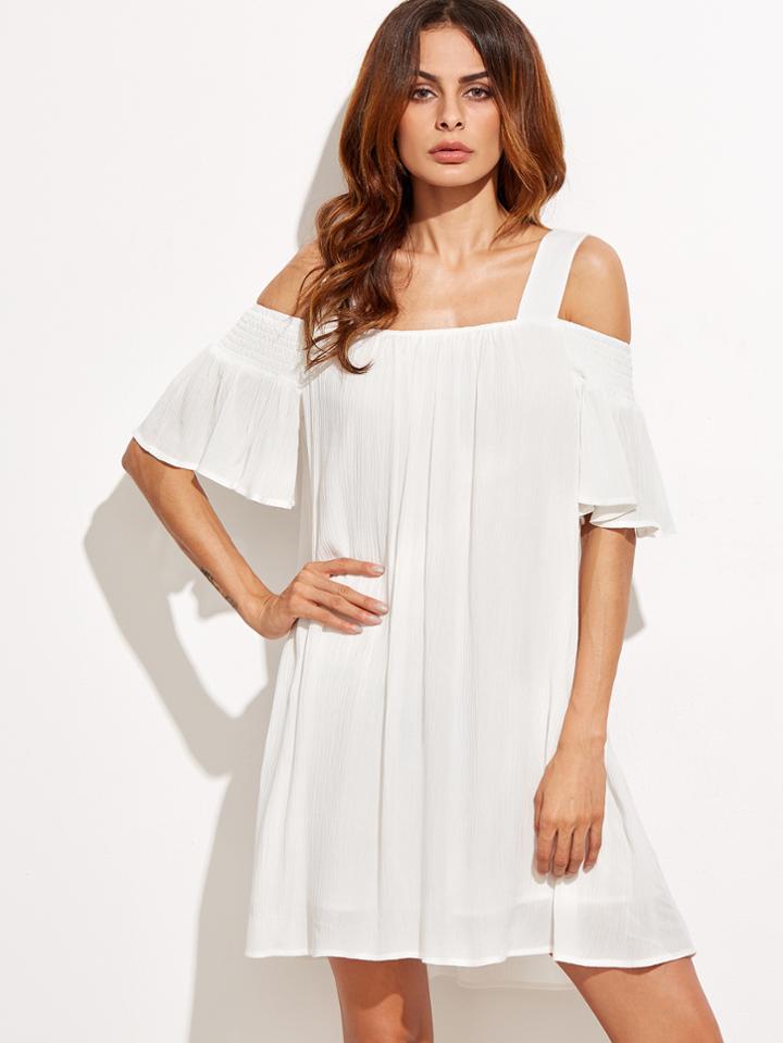 Shein White Cold Shoulder Ruffle Sleeve Shift Dress