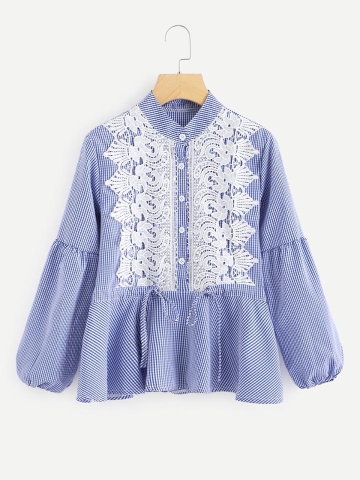 Shein Lace Crochet Contrast Gingham Blouse