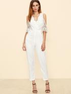 Shein White Surplice Front Open Back Cold Shoulder Embroidered Jumpsuit