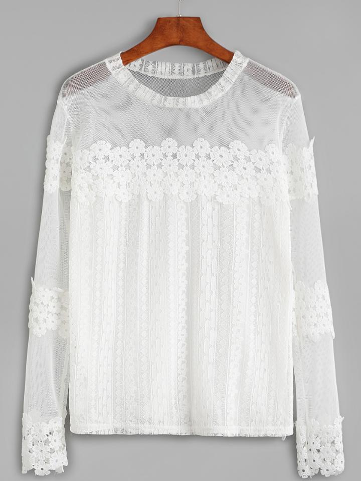 Shein White Appliques Crochet Sheer Blouse