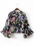 Shein Bell Sleeve Keyhole Back Floral Top