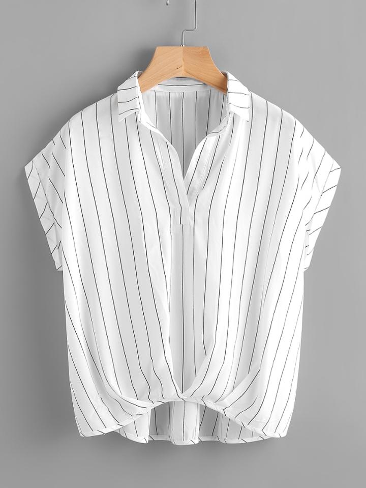 Shein Vertical Pinstriped Dip Hem Blouse