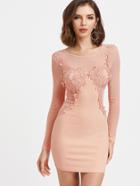 Shein Pink Contrast Sheer Mesh Crochet Trim Bodycon Dress