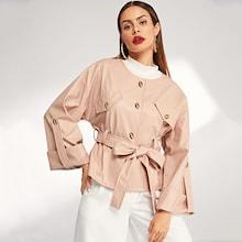 Shein Rolled Tab Sleeve Tie Waist Pu Coat