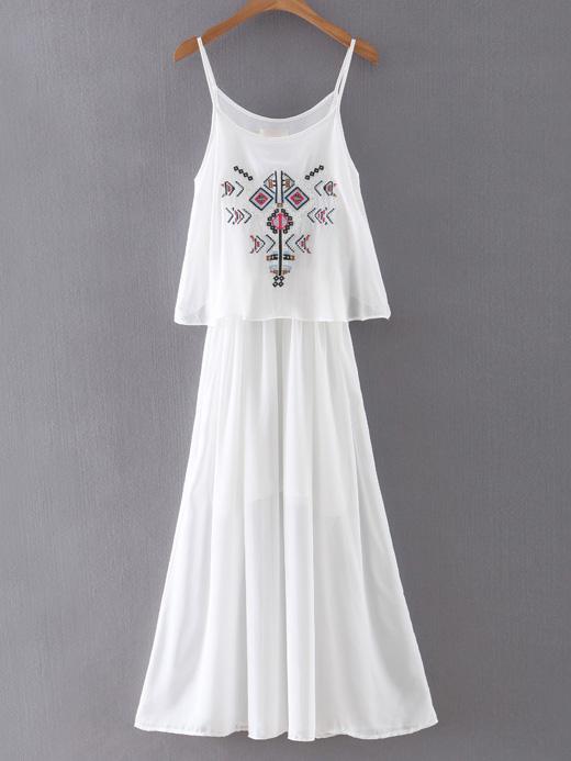 Shein White Spaghetti Strap Embroidery Layer Chiffon Dress