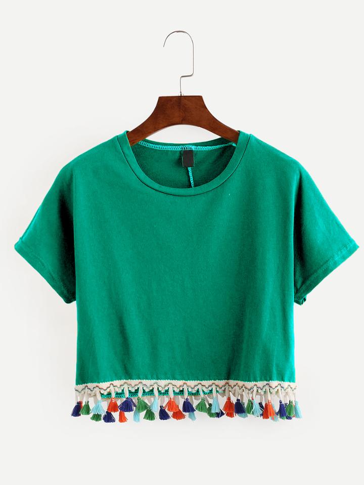 Shein Green Tassel Trimmed Crop T-shirt