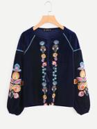 Shein Tassel Tie Flower Embroidered Velvet Blouse
