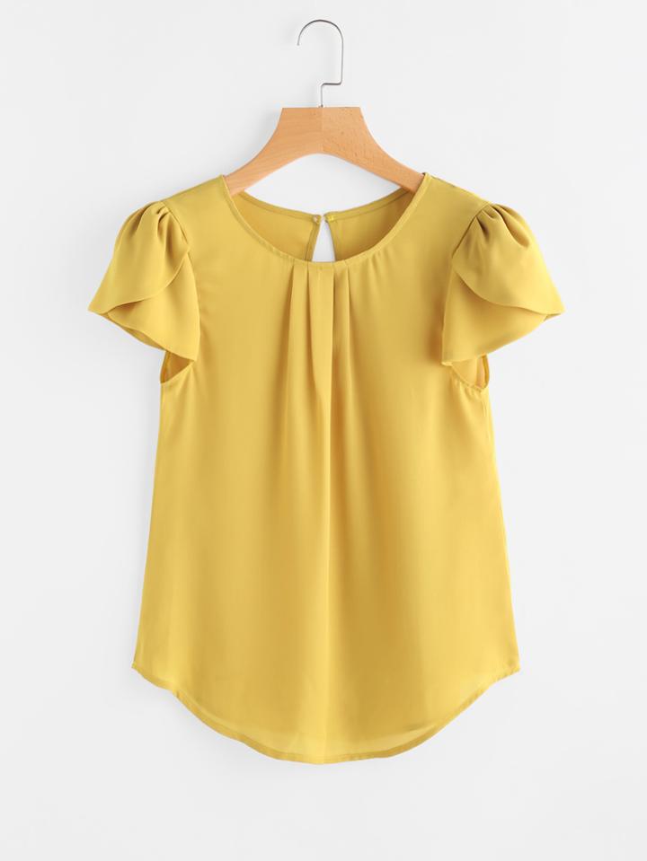 Shein Petal Sleeve Keyhole Back Curved Hem Blouse