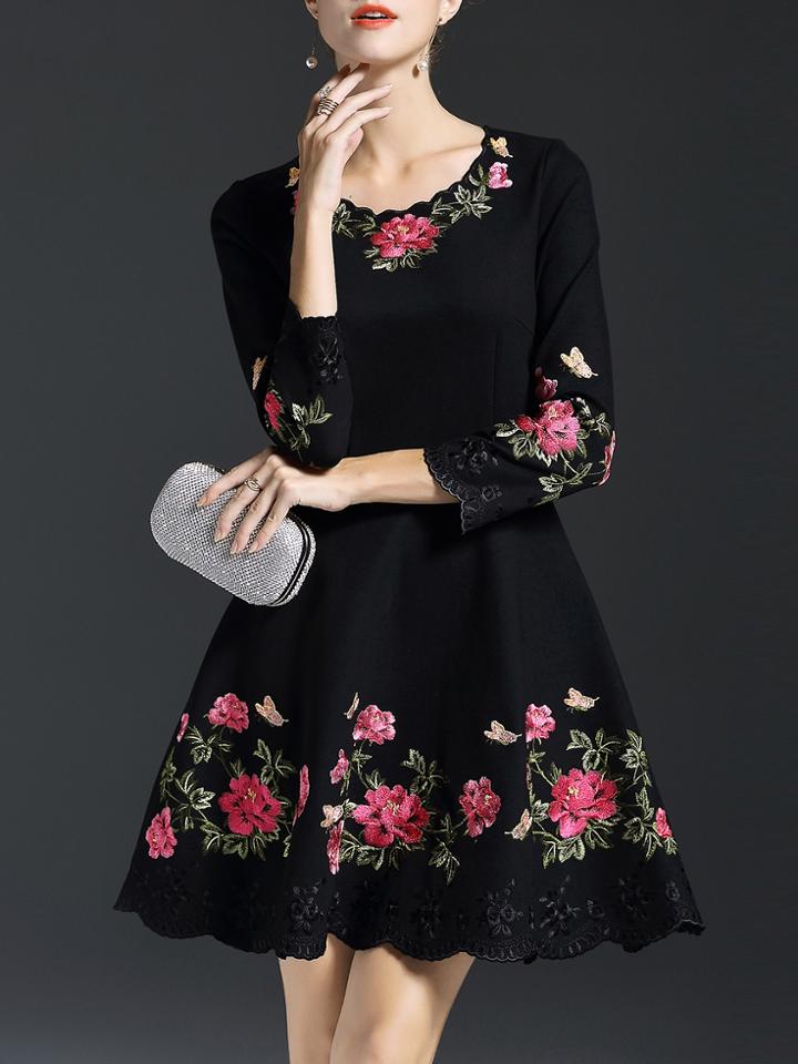 Shein Black Flowers Embroidered A-line Dress