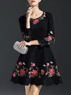 Shein Black Flowers Embroidered A-line Dress