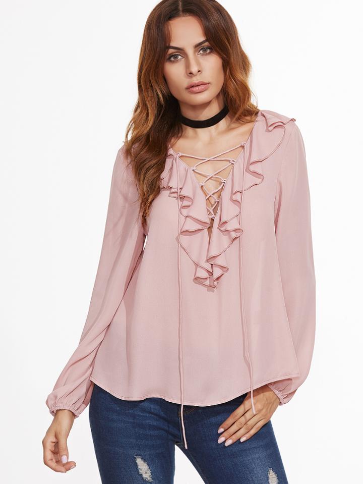 Shein Pink Ruffle Trim Lace Up V Neck Blouse