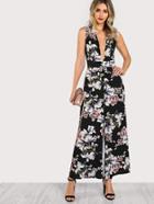 Shein Plunge Neck Belted Sleeveless Palazzo Jumpsuit