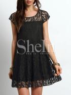Shein Black Cap Sleeve Sheer Lace Yoke Shift Dress