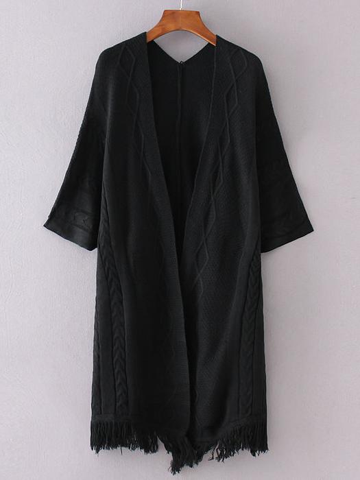 Shein Black Drop Shoulder Fringe Hem Diamondback Cardigan