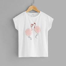 Shein Girls Flamingo With Pom Pom Detail Tee