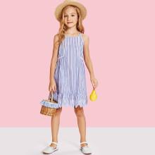 Shein Girls Lace Trim Embroidered Ruffle Hem Striped Dress