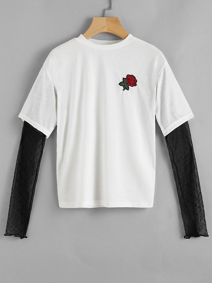 Shein Rose Embroidered Patch Contrast Mesh Sleeve 2 In 1 Tee