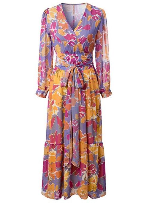 Shein Multicolor Flower Print Tie-waist Bohemian Maxi Dress