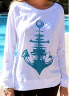 Rosewe White Long Sleeve Anchor Print Sweatshirt