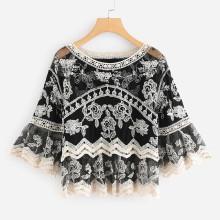 Shein Fluted Sleeve Floral Embroidered Top