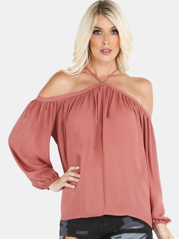Shein Open Shoulder Bishop Sleeve Chiffon Top Dusty Rose