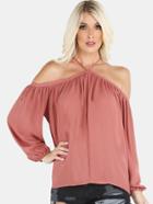 Shein Open Shoulder Bishop Sleeve Chiffon Top Dusty Rose