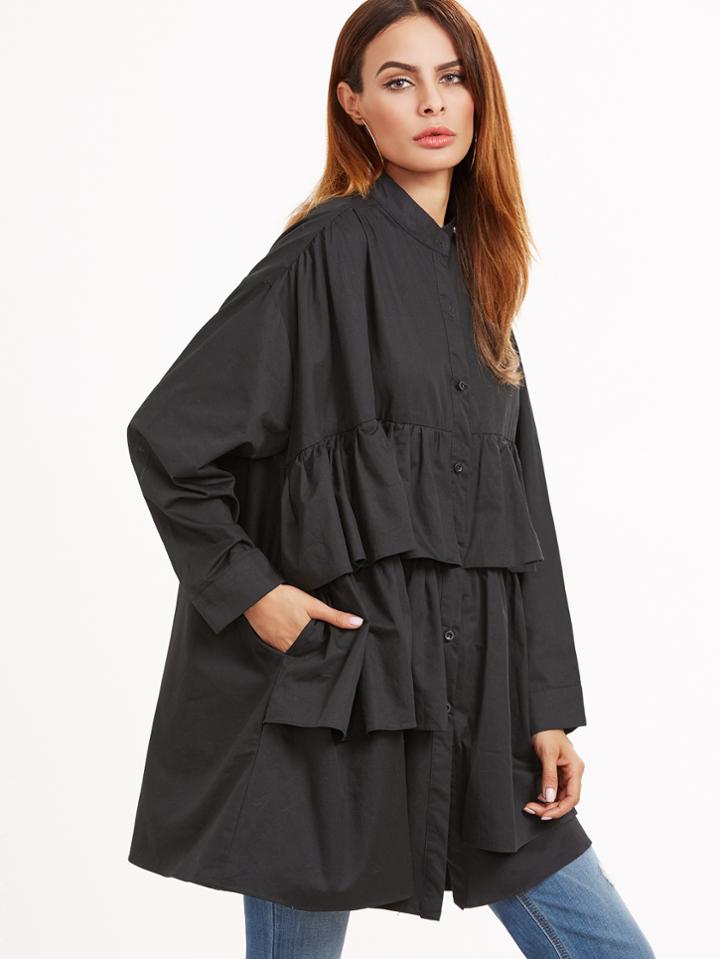 Shein Black Drop Shoulder Ruffle Tiered Shift Blouse