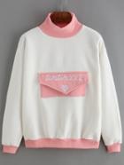 Shein White High Neck Letter Embroidered Contrast Trim Sweatshirt