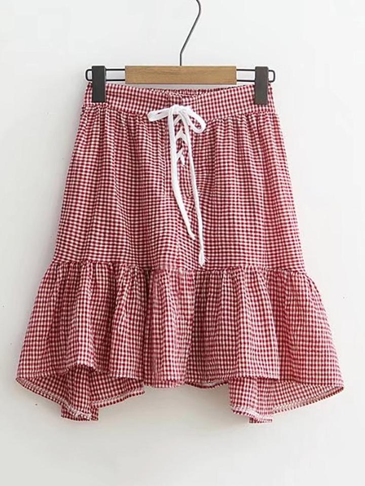 Shein Lace Up Corset Ruffle Hem Plaid Skirt