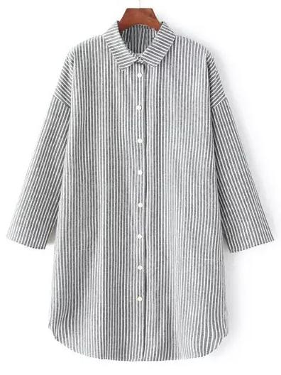 Shein Grey White Lapel Vertical Stripe Blouse