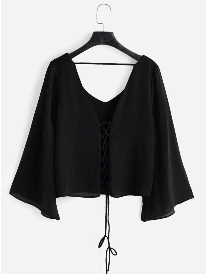 Shein V Neckline Kimono Sleeve Lace Up Top