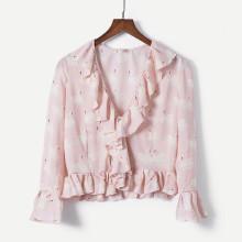 Shein Swans Print Ruffle Trim Blouse